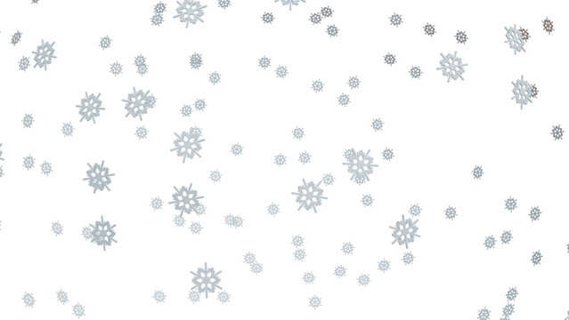 3D Render of falling snowflakes on a white background creating a winter atmosphere.
