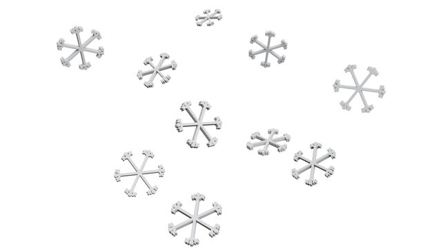 3D Render of white snowflakes scattered on a white background
