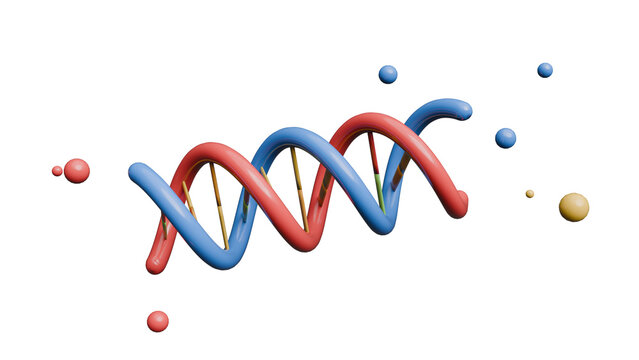 3D Render of a colorful DNA double helix structure with surrounding molecular spheres.
