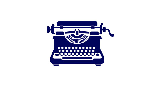 Vintage dark blue typewriter icon featuring detailed mechanical keys and carriage return lever displayed in a flat minimalist vector graphic style for modern editorial design projects.