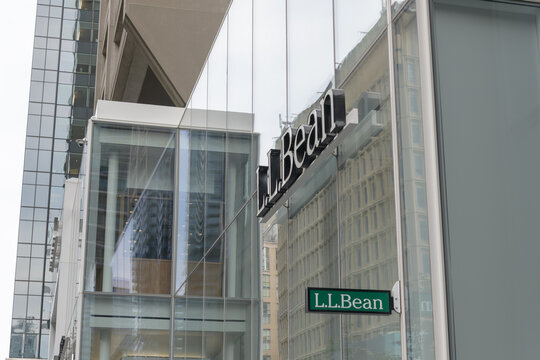 exterior building facade and sign of LL Bean, an outdoor clothing and equipment shop, located inside Manulife Centre, 55 Bloor St W, Toronto