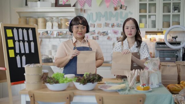 Cooking Baking Kitchen Live Streaming Online with Two Smiling Women, Baker Employee in Apron, Preparing Homemade Bread and Fresh Food at Cozy Bakery Counter During Cheerful Culinary Broadcast