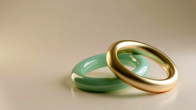 Premium 3D render of two interlocking rings in gold and sage green with copy space