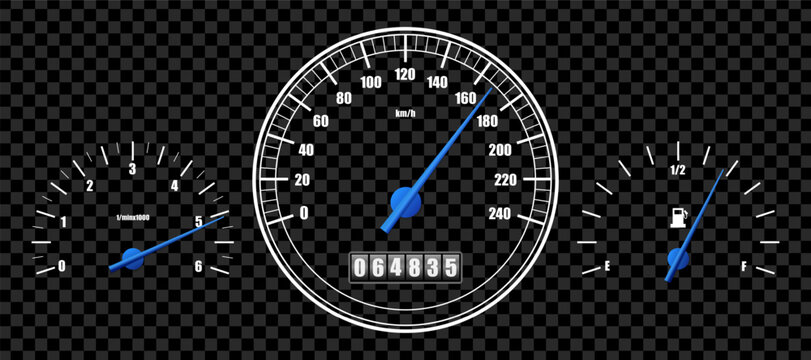 Realistic classic car dashboard isolated. Sport white auto ui display panel. Speedometer, tachometer, odometer, fuel level sensor. Blue kilometers per hour measuring scale. Vector Illustration png