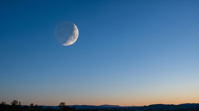 Thin crescent moon shining in a gradient blue twilight sky over a dark horizon perfect for night meditation and tranquil nature concept purpose design
