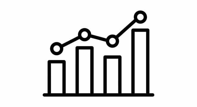 Clear outline icon depicting a bar chart combined with an upward trending line graph for data analysis, High Resolution