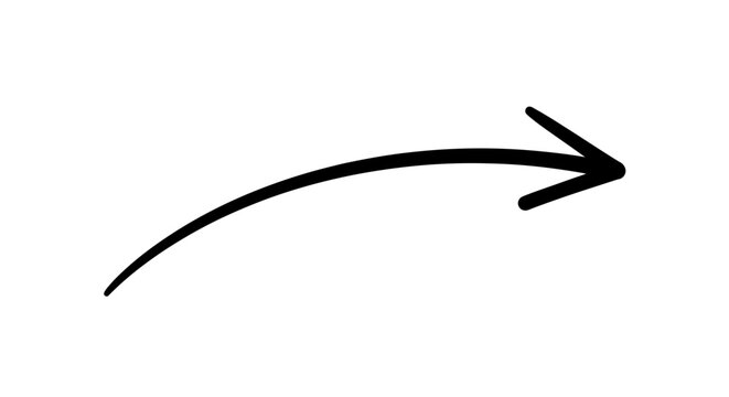 Hand drawn black curved arrow pointing to the right isolated on transparent background, 8k Resolution