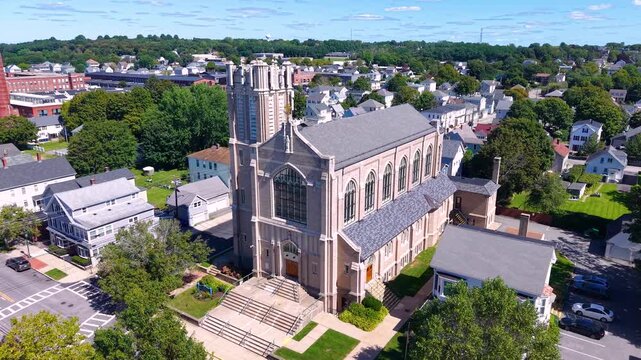 St. Mary's Parish Church aerial view at 330 Wood Street in historic town center of Bristol, Rhode Island RI, USA. 