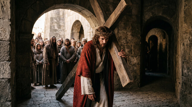 Jesus Christ Carrying Wooden Cross Through Stone Archway of Jerusalem