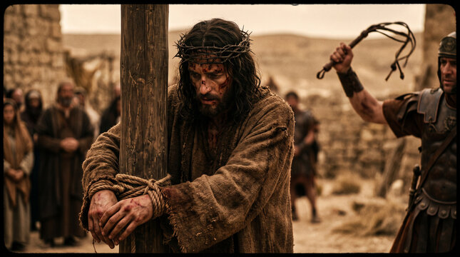 Jesus Christ Tied to Pillar with Crown of Thorns Flagellated by Roman Soldier