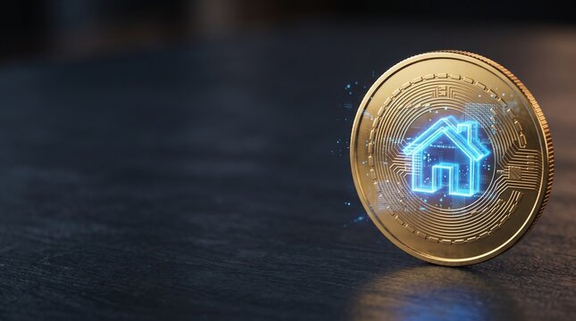 Macro shot of gold digital coin with glowing holographic house symbol for real estate tokenization