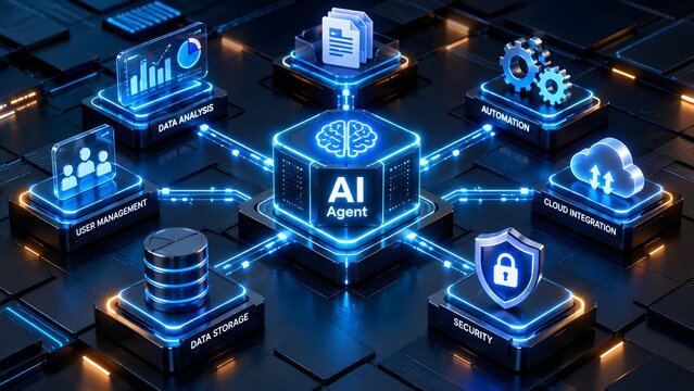 Central artificial intelligence agent module connected to labeled digital service platforms representing enterprise system integration and automated business workflow