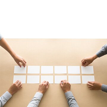 Top view flat lay of business team hands arranging blank white cards on wooden table, agile sprint planning, UX card sorting and brainstorm workshop with copy space