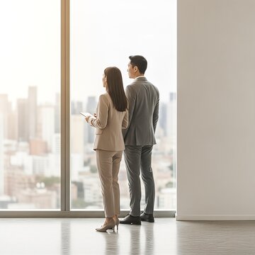 Asian businessman and businesswoman in modern suits standing near high rise office window looking at city skyline, corporate leadership, strategic partnership and financial vision with large copy spac
