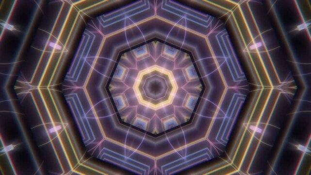 Pastel pink and lilac kaleidoscope mandala through fluted glass with glowing refracted light, dreamy geometric VJ background, seamless loop