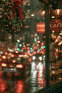 Rainy night view from a cafe with a wreath and city traffic lights in the background