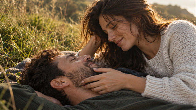Affectionate Young Romantic Couple Lying on Grass at Sunset, Woman Gently Caressing Man's Face