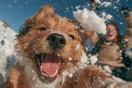 Dog plays in snow while owner enjoys winter weather in a snowy landscape