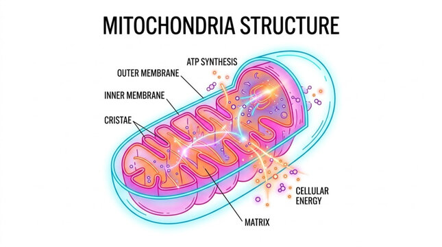 Mitochondria structure and cellular respiration vector diagram. Scientific biology infographic with ATP synthesis, matrix, and cristae illustration.
