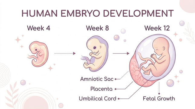 Human embryo development and pregnancy anatomy vector diagram. Medical fetal growth infographic with placenta, umbilical cord, and amniotic sac.
