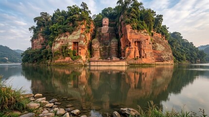Fototapeta premium Giant Buddha Statues Carved into Red Rock Cliff Reflected in Calm Lake Water.