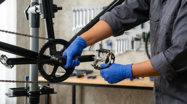 A person repairing a bicycle in a workshop, emphasizing the tools and skills involved in bike maintenance.