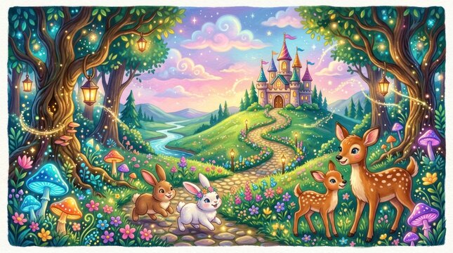 Enchanted Forest Fairytale Landscape with Castle, Deer, and Rabbits.