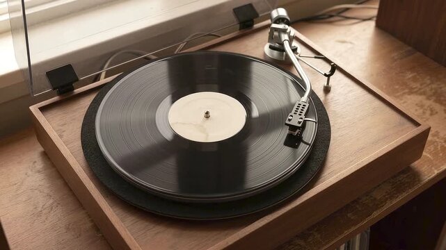 針を下ろしたレコードプレーヤーが一定速度で回転する、オーディオ機器、アナログ音楽、レコードのある暮らしの紹介