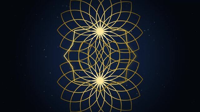 Golden sacred geometry pattern on dark night sky