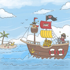 Cute pirate ship adventure with kids and cat mermaid on ocean © Mimisky