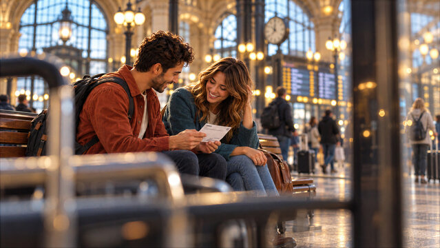 Happy young couple looking at train ticket while sitting on bench at historic railway station, ready for vacation trip