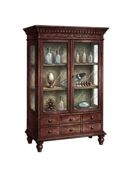 Antique wooden display cabinet with glass doors for vintage curio storage