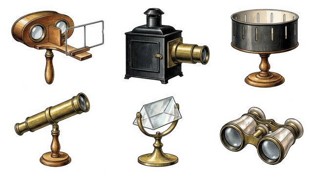 Collection of antique optical equipment and scientific instruments for a discovery exploration theme