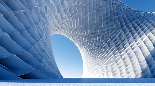 Abstract 3D blue and white architectural pattern background. Geometric spiral parametric structure under blue sky, perfect for modern corporate presentations and real estate banners
