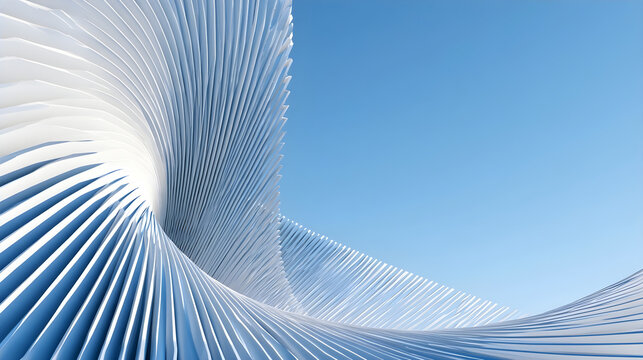 Abstract 3D blue and white architectural pattern background. Geometric spiral parametric structure under blue sky, perfect for modern corporate presentations and real estate banners
