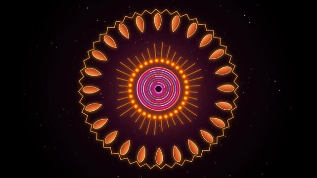 Abstract neon glowing mandala pattern with circular light rays
