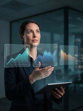 Businesswoman presenting glowing financial charts hovering in a sleek corporate environment at twilight.