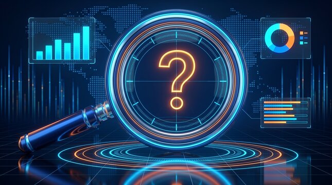 Market Research and Business Data Analysis with Magnifying Glass over a Question Mark and Global Analytics Charts