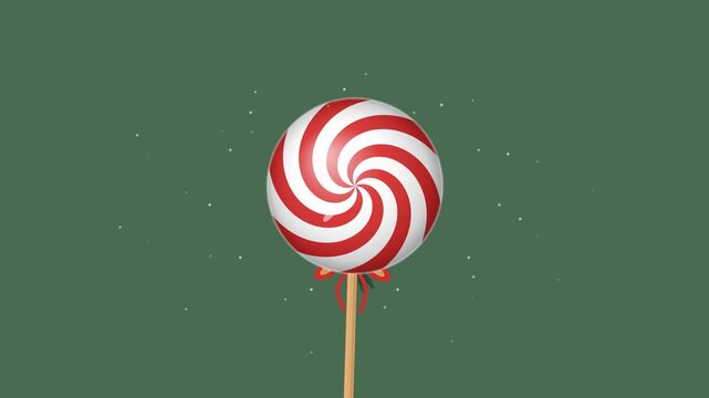 Festive red and white swirl lollipop animation with falling snow on green background, candy desi