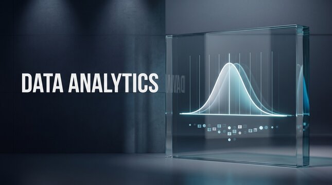 A digital display showing a bell curve distribution graph representing data analytics concepts in a modern dark professional business environment