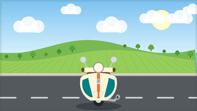 Retro scooter riding along a scenic countryside road flat animation loop background, moped