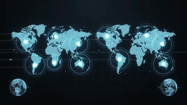 Digital world map with glowing connection lines and data streams