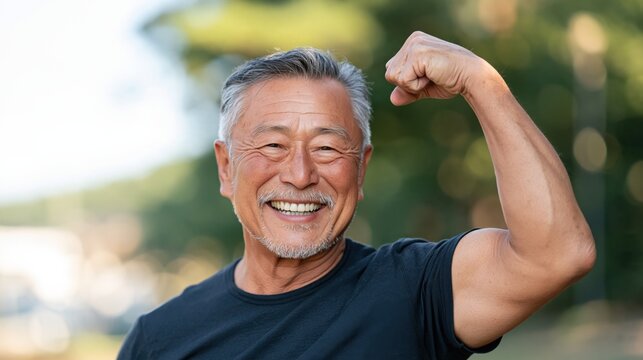 Cheerful japanese senior man flexing his bicep outdoors