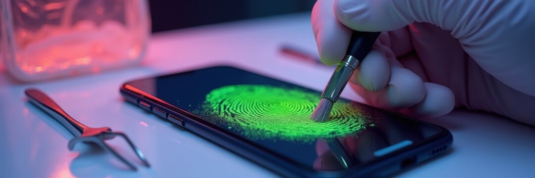 Gloved hand dusting a phone screen revealing a fingerprint. Concept of advertising campaigns, forensic science courses, crime documentaries, security company websites, and investigative journalism.