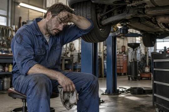 Exhausted male mechanic wiping sweat from forehead while resting tiredly on stool inside busy auto repair shop with lifted car, blue overalls, hard work concept