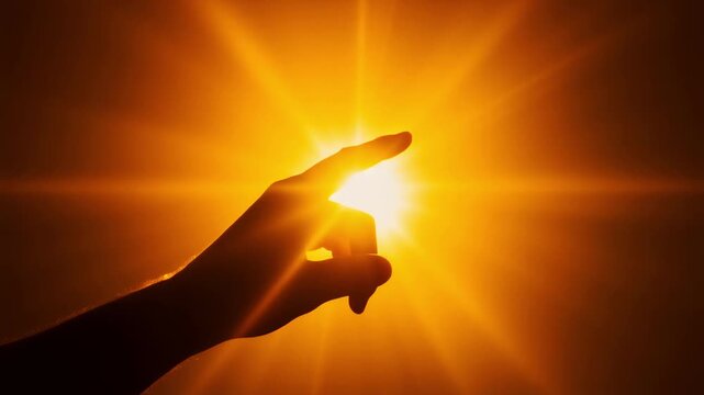 A human hand silhouette touches a bright sunburst. Intense orange and yellow light creates a striking visual.