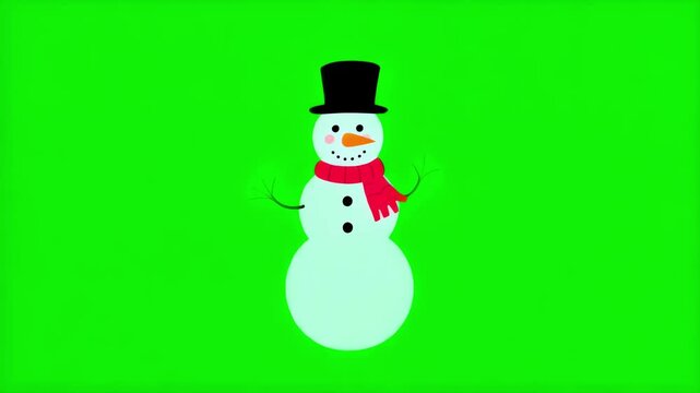 A charming animated snowman with a top hat and red scarf waves its arms on a green screen background.