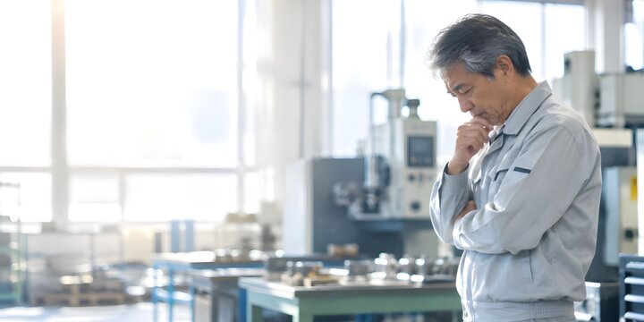 工作機械が並ぶ作業場で俯き加減に考え込む中高年技術者、技術継承の断絶や町工場の事業承継・課題直面を象徴するシーン
