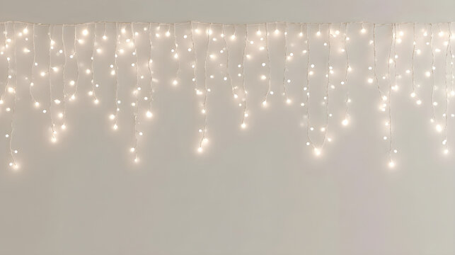 Hanging white fairy lights on white background background. Draped string lights garland overlay. Festive holiday decoration element Stock Illustration