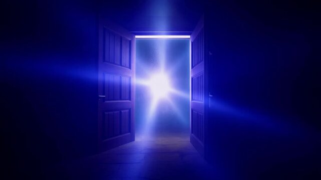 A dark room with a door slowly opening, revealing a bright blue light. Symbolizes new opportunities and unknown possibilities.